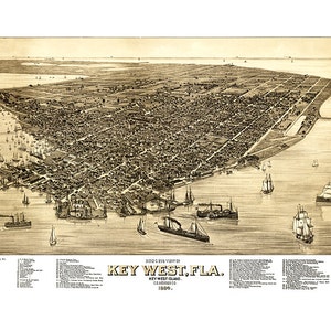 Key West, Floride (Floride), Key West Island, 1884. Reproduction d'une ancienne carte murale de style déco pour la maison.  FL0001