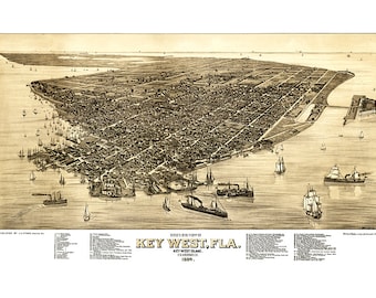 Key West, Florida (Fla.), Key West Island, 1884.  Vintage restoration hardware home Deco Style old wall reproduction map print.  FL0001