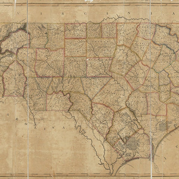 Map of North Carolina NC, 1808.  Restoration Hardware Home Deco Style Old Wall Map. Vintage Reproduction