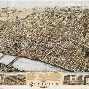 Karte von Springfield, Hampden County, Massachusetts (MA.) 1875. Restaurierung Hardware Home Deco Stil alte Landkarte. Vintage Reproduktion.