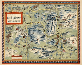 Pictorial Map of White Mountains (New Hampshire). Home Deco Style Old Wall Vintage Reprint.