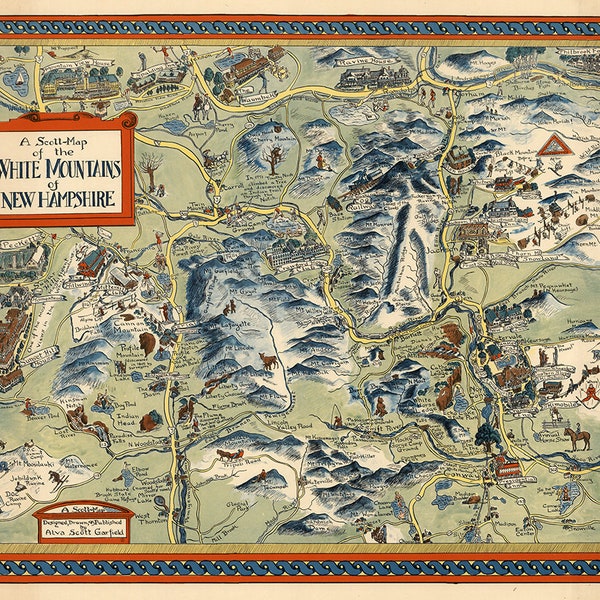 Pictorial Map of White Mountains (New Hampshire). Home Deco Style Old Wall Vintage Reprint.