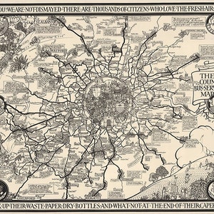 Mapa de servicios de autobús rural de Londres. Impresión de mapa antiguo de pared, estilo art déco, restaurado por herrajes antiguos.