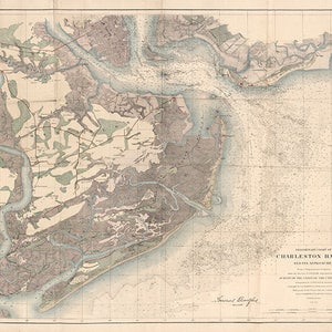 Coast Survey of Charleston Harbor, Carolina do Sul SC 1858. Hardware de restauração vintage para casa Impressão de mapa de reprodução de parede antiga em estilo Deco.