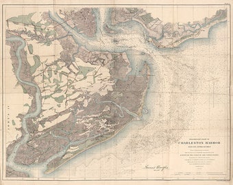 Coast Survey of Charleston Harbor,  South Carolina SC 1858.  Vintage restoration hardware home Deco Style old wall reproduction map print.
