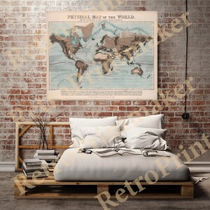 Mapa físico del mundo 1849, reproducción de mapa de pared antiguo estilo art déco de casa vintage.