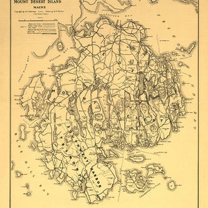 Map of the Mount Desert Island, Acadia National Park, Maine.  1911.  Vintage reproduction topographic Map.