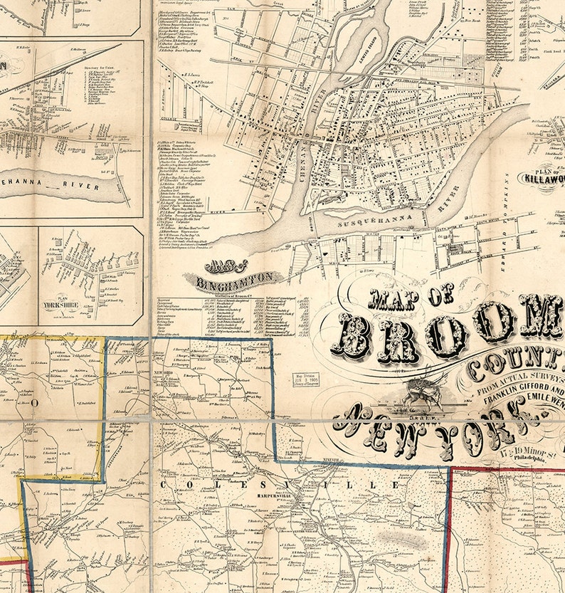 Map of Broome County New York NY 1855. Vintage Restoration Etsy
