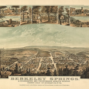 Karte von Berkeley Springs, Morgan Co., W.Va. Blick vom Warm Spring Mountain Vintage home-Deco-Stil alte Wand Reproduktion Karte
