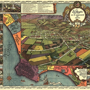 Stadt von Los Angeles, Kalifornien (CA) wie seine Erscheinung im Jahr 1871 Karte CA0010 Sie zeigt originale spanische Ranchos, die an das Meer grenzen. Vintage Plakat