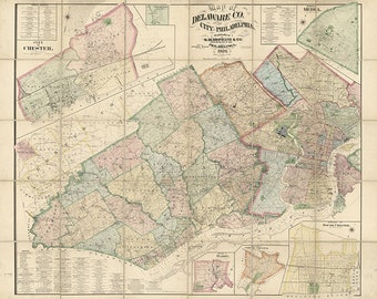 Map of Delaware Co. and the city of Philadelphia, Pennsylvania, PA 1876. Home Deco Style Old Wall Vintage Giclee Reproduction.