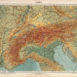 Mappa delle Alpi, 1921.  Vintage casa Deco vecchia parete riproduzione mappa stampa.
