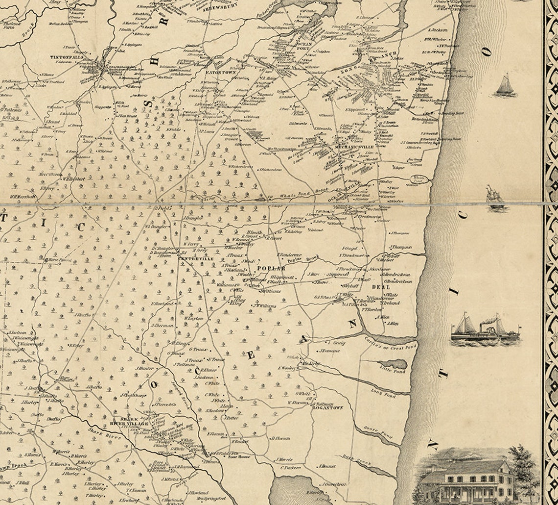 Map of Monmouth County. New Jersey NJ 1851 Vintage Etsy