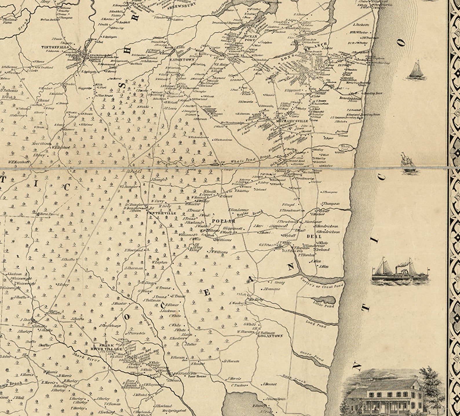Map of Monmouth County. New Jersey NJ 1851 Vintage Etsy