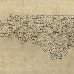 Map of North Carolina NC, 1893.  Restoration Hardware Home Deco Style Old Wall Map. Vintage Reproduction