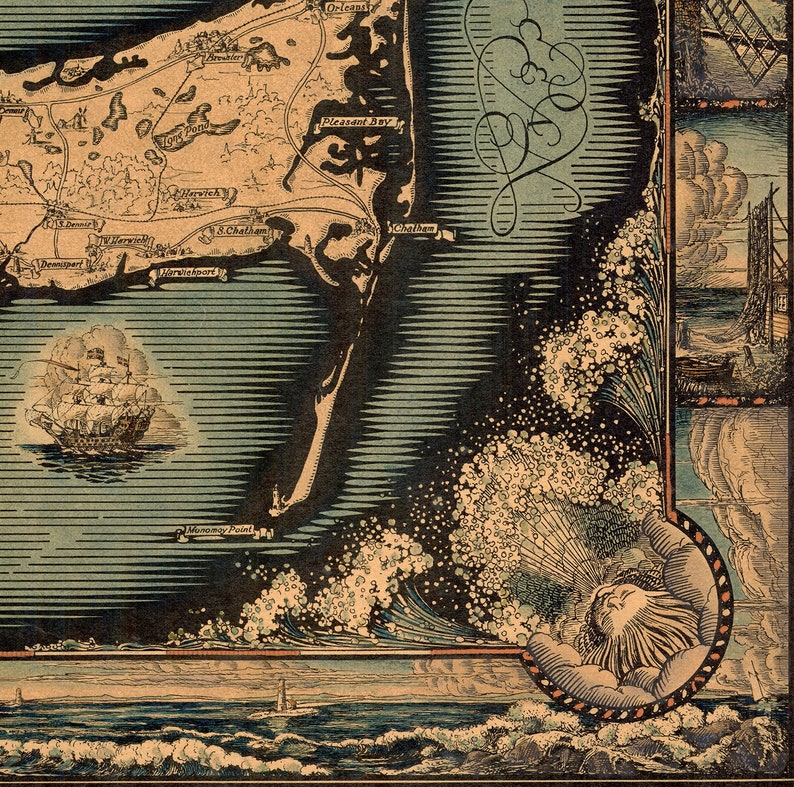 Massachusetts MA Restoration Hardware Home Deco Style Old Wall Vintage Reprint Pictorial Map of Cape Cod Barnstable County