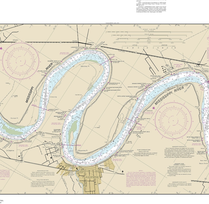 Mississippi River New Orleans to Baton Rouge Reproduction Nautical Map