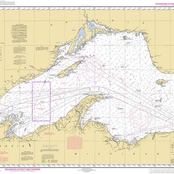 Nautical charts of Lake Superior NOAA.  Vintage restoration hardware home Deco Style old wall reproduction map print.