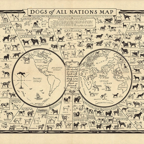Dogs of All Nations Map.  Vintage home Style old wall reproduction map print.