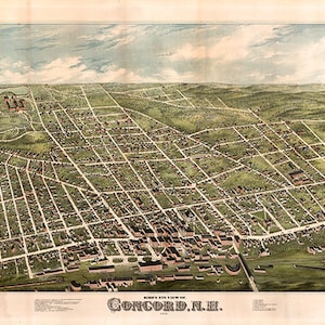 Mappa di Concord, Contea di Merrimack, New Hampshire NH 1875. Vista dall'alto. Riproduzione giclée di Restoration Hardware Home Deco Old Wall.