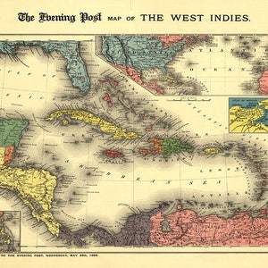 Mapa das Índias Ocidentais, Costa do Golfo, Golfo do México, Mar do Caribe e Ilhas Bahamas. 1892. Mapa de reimpressão vintage.