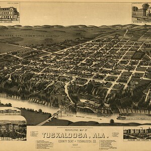 Carte de Tuskaloosa, comté de Tuskaloosa, Alabama, Alabama, 1885. Reproduction de carte murale ancienne de style déco pour maison.