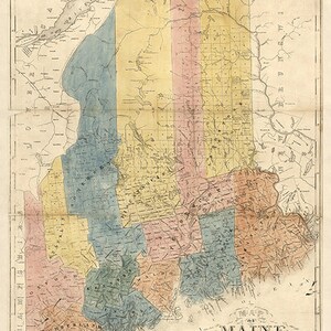 Mapa del estado de Maine, 1840. Colesworthy, Samuel Hodgson. Impresión de mapa antiguo de pared, estilo Art Déco, para restauración de ferretería vintage.
