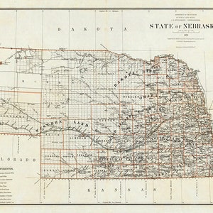 Map of State of Nebraska 1879.   Vintage home Deco Style old wall reproduction map print.