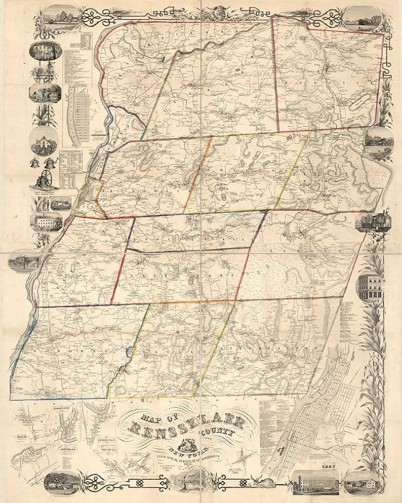 Map of Rensselaer County New York NY 1854 Restoration Etsy