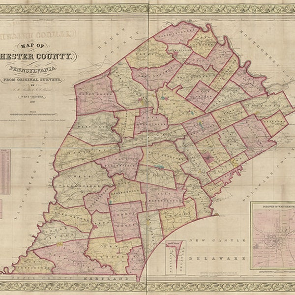 Map of Chester Co. Pennsylvania, PA 1847. Restoration Hardware Home Deco Style Old Wall Vintage Giclee Reproduction