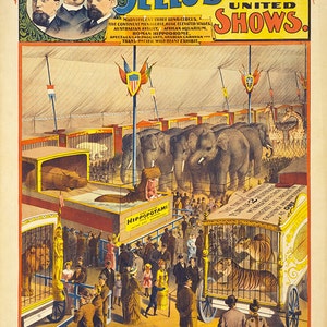 Verkauft wird die enorme vereinte Show der Brüder. Seltene Zoologische Wunderwerke.  Zeigt Tiere auf Ausstellung in einem Zelt, darunter Giraffen, Elefanten, Tiger.
