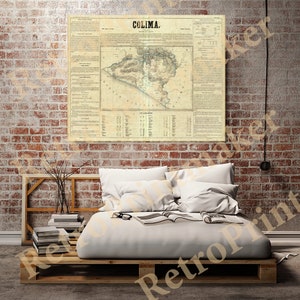 May include: An antique map of Colima, Mexico, printed on aged paper with a detailed outline of the state's geography. The map features a title banner at the top, "COLIMA." The map is framed and hanging on a brick wall.
