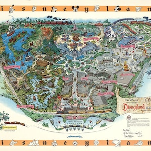 Disneyland Karte - Panorama VogelAuge Ansicht Karte von Disney Land. Vintage Home Deco Stil alte Wand Reproduktion Karte Druck.