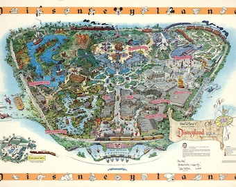 Disneyland Kaart - Panoramische Birds Eye View Kaart van Disney land. Vintage huis Deco Stijl oude muur reproductie kaart print.