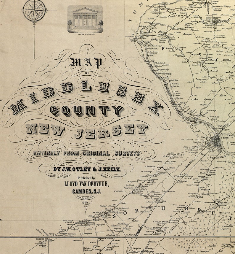 Map of Middlesex County. New Jersey NJ Map 1850. Vintage Etsy