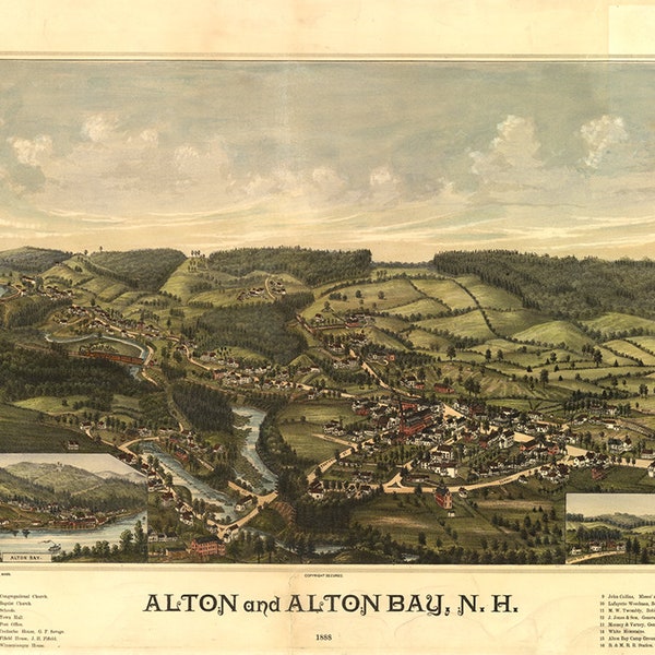 Map of Alton, Belknap County, New Hampshire Map 1888 - Panoramic Old City Map - Historic Birds Eye View Vintage Map Art Print