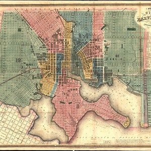 Plan der Stadt Baltimore, Maryland MD 1836. Vintage Restauration Hardware home-Deco-Stil alte Wand Reproduktion Karte