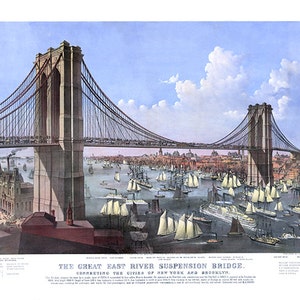 Ponte sospeso dell'East River, collega le città di New York e Brooklyn, grande battello a vapore a pale 1874. NY0044 Vintage Print Art Poster Map