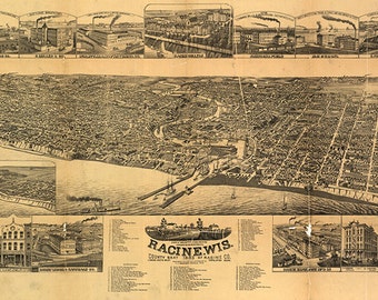 Map of Racine, Racine Co., Wisconsin 1883, WI.  Vintage restoration hardware home Deco Style old wall reproduction map print.