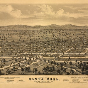 Cidade de Santa Rosa, Condado de Sonoma, Califórnia (CA), "Do sudeste olhando para o noroeste." Mapa de reprodução vintage.
