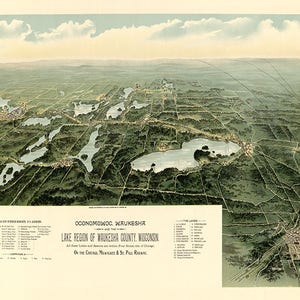 Karte von Oconomowoc, Waukesha und der Seenregion von Waukesha County, Wisconsin. Vintage Haus Deco Stil alte Wand Reproduktion Karte drucken.
