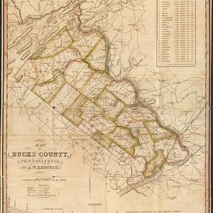 Carte du comté de Bucks, Pennsylvanie, PA 1831. Reproduction giclée sur mur vintage de style déco maison.