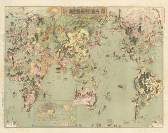 Pictorial Map of the World in Japanese and English. 1924. Vintage