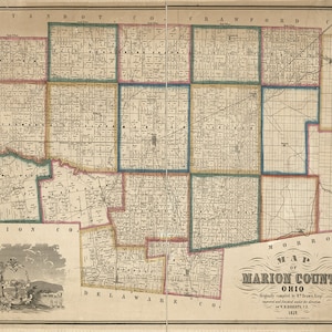 Mappa della contea di Marion, Ohio. 1852. Stampa della mappa di riproduzione del vecchio muro in stile Deco per la casa vintage.