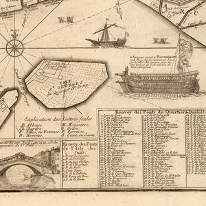 May include: An antique map of Venice, Italy, with a detailed illustration of the city's canals, bridges, and buildings. The map includes a key with letters and numbers corresponding to different locations and features. The map also includes a small illustration of a bridge and a large illustration of a ship.