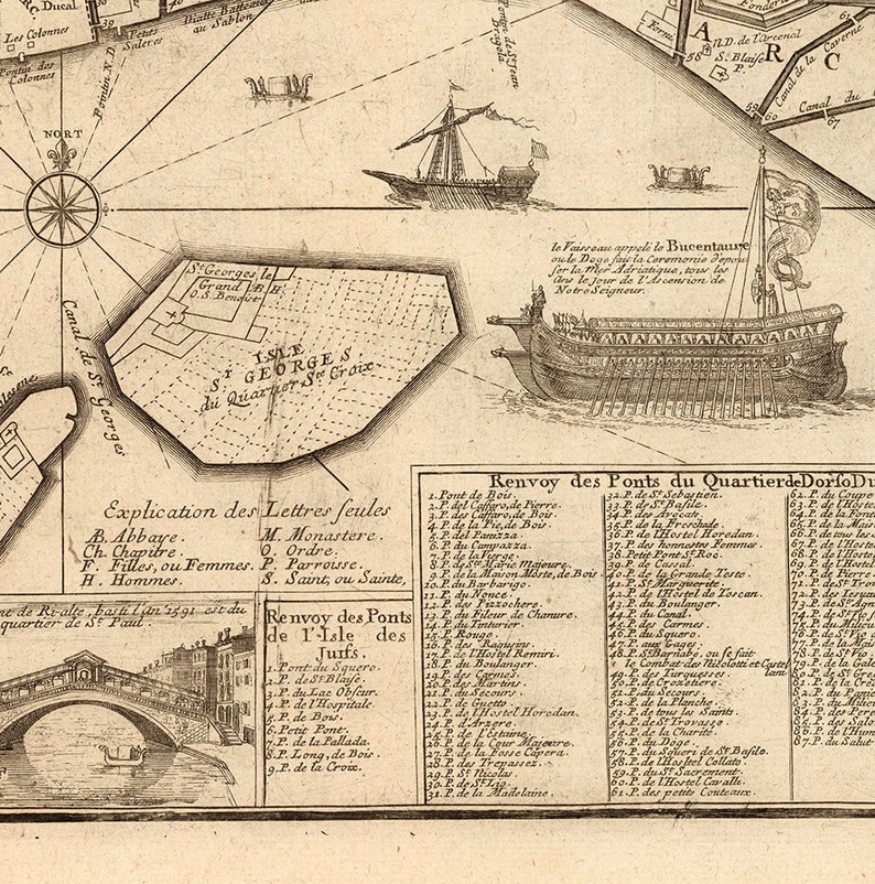 May include: An antique map of Venice, Italy, with a detailed illustration of the city's canals, bridges, and buildings. The map includes a key with letters and numbers corresponding to different locations and features. The map also includes a small illustration of a bridge and a large illustration of a ship.