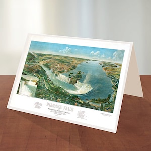 Tarjeta de felicitación de las Cataratas del Niágara, Ontario, en 1893. Mapa a vista de pájaro de la American Fine Art Co.. Mapa de reproducción vintage.