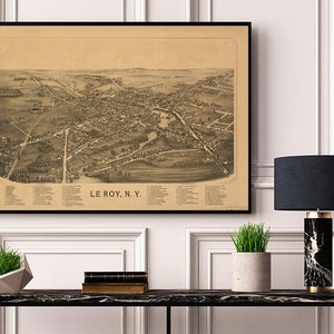 Carte de Le Roy, Genesse Co., New York N.Y. 1892. Reproduction de carte murale ancienne de style déco maison vintage.
