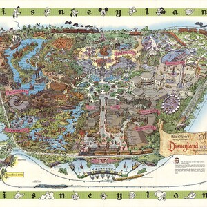 Disneyland Karte - Panorama Vögel Auge Ansicht Karte von Disney Land. Vintage Haus Deco Stil alte Wand Reproduktion Karte drucken.