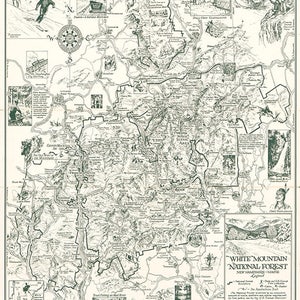 Bosque Nacional de las Montañas Blancas, Nuevo Hampshire y Maine, 1966. Impresión de mapa antiguo de pared, estilo art déco, restaurado con hardware vintage.